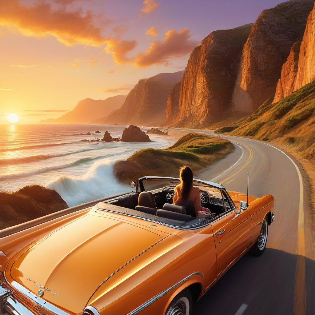 A couple joyfully driving a vintage convertible along a scenic coastal road, surrounded by breathtaking cliffs and crashing waves, with a sunset glowing in the background. The couple shares a loving glance, showcasing an atmosphere of romance and adventure. Bright, warm colors enhance the feeling of joy and freedom. super-realistic. vibrant colors. sunset backdrop.