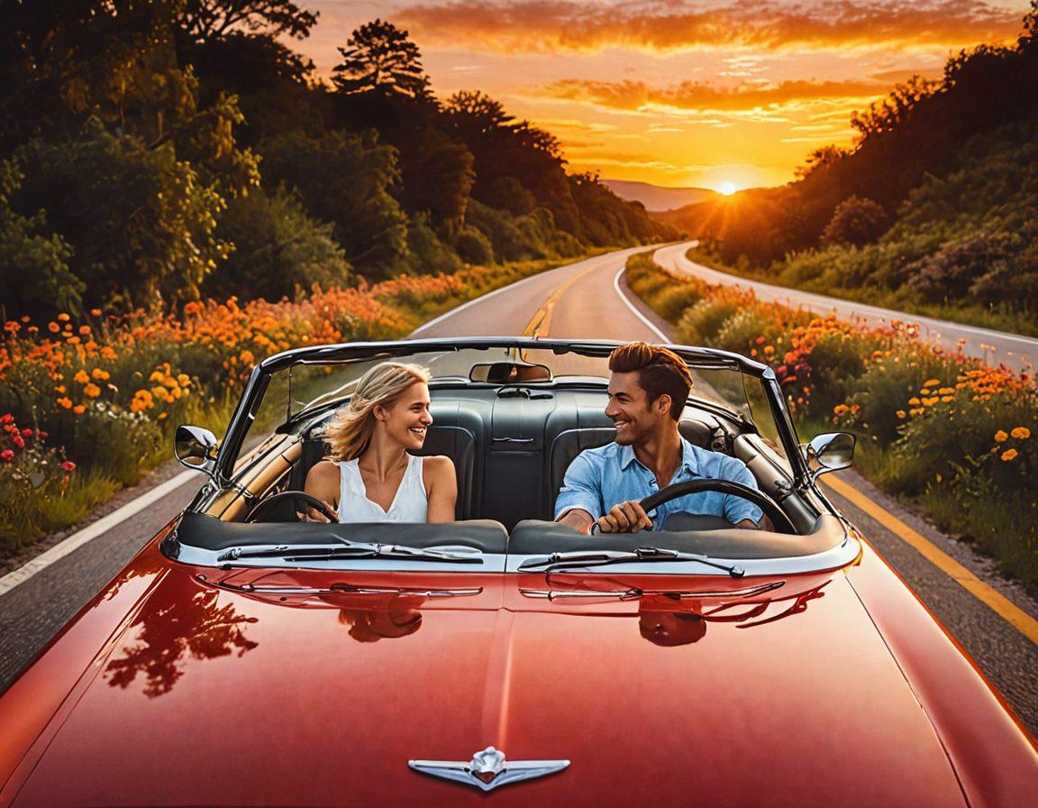 A couple joyfully driving in a vintage convertible, the sunset reflecting on their smiling faces, surrounded by a scenic highway with lush greenery and colorful flowers. The atmosphere is filled with love and adventure, with hearts subtly integrated into the sky. The image conveys warmth and excitement, inviting viewers to feel the passion of road trips together. super-realistic. vibrant colors. sunset background.