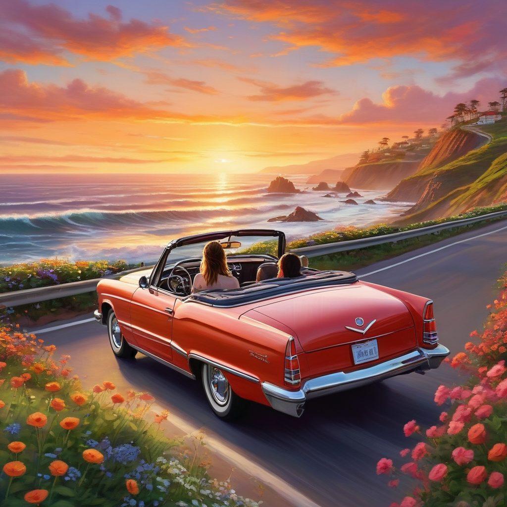 A couple enjoying a picturesque sunset while driving along a scenic coastal highway in a classic convertible, surrounded by vibrant flowers and lush greenery. They are holding hands, with the wind in their hair, radiating joy and love. In the background, a breathtaking horizon of waves crashing against rocks adds a romantic touch. Soft glows of warm colors enhance the enchanting atmosphere. super-realistic. vibrant colors. sunset hues.